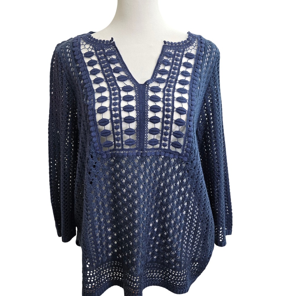 Chicos Blue Crochet‎ Knit V Neck Tunic Top Size 2 Boho